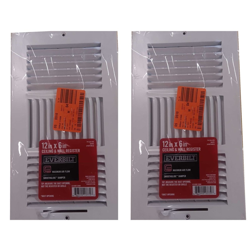 2-Pack 12" x 6" 3-Way Steel Wall / Ceiling Registers, White, NIP, E103M12X06